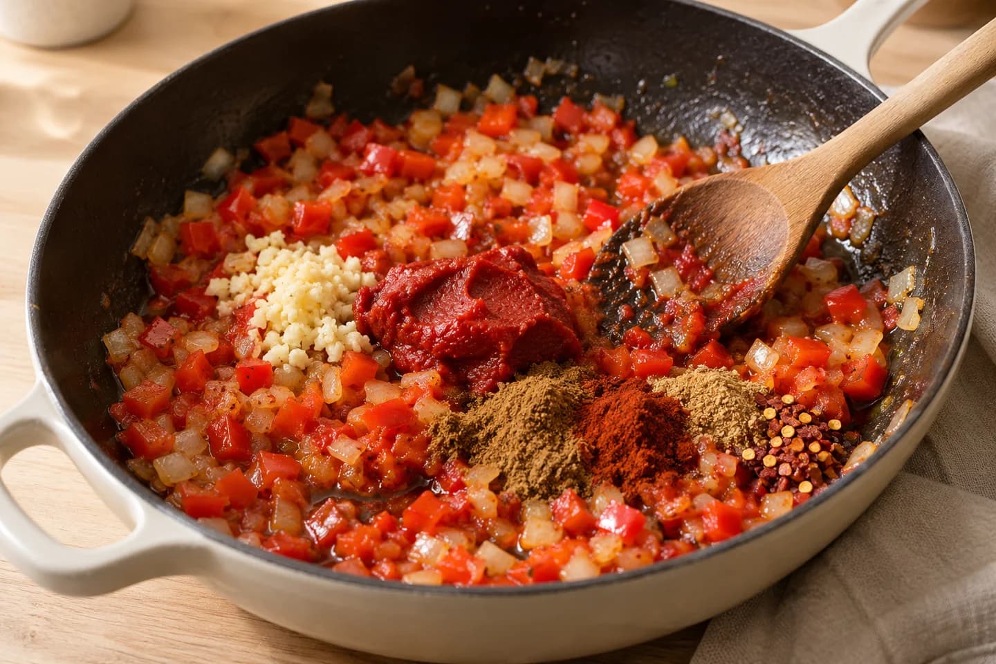 Skillet Shakshuka: Stir in garlic and tomato paste, cooking 1 minute, then add cumin, paprika, coriander, and chili flakes