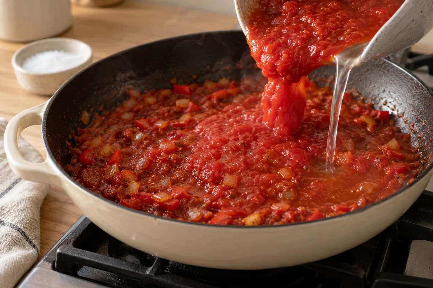 Skillet Shakshuka: Pour in crushed tomatoes, water, and salt; simmer 10 minutes until thickened