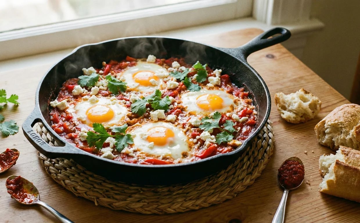 Cast-iron skillet of shakshuka