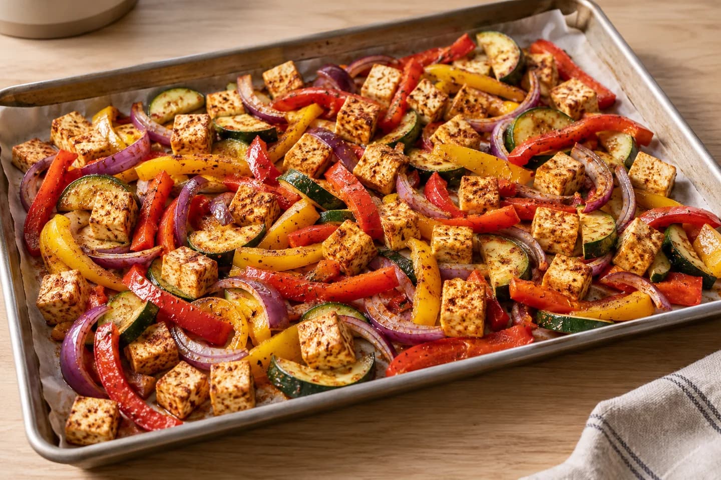 Sheet-Pan Tofu Fajita Bowls: Toss the tofu, peppers, onion, and zucchini with olive oil, chili powder, cumin, paprika, salt, and pepper