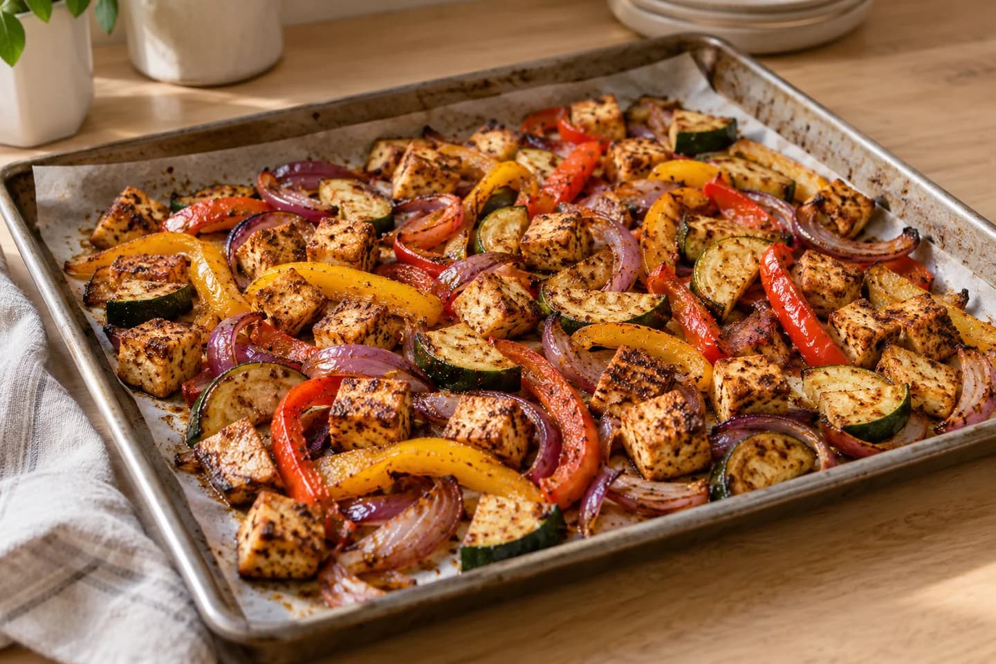 Sheet-Pan Tofu Fajita Bowls: Roast until the tofu is crisp and the vegetables are tender, 20 to 22 minutes, tossing halfway through