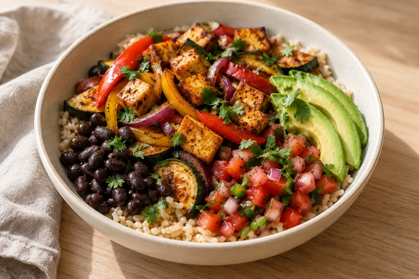 Fajita bowls with roasted tofu, peppers, and rice