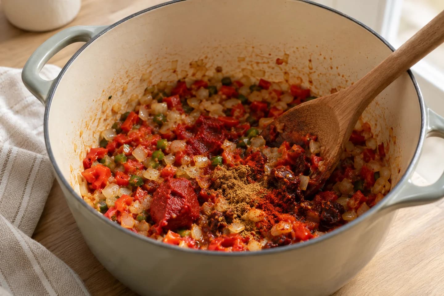 Smoky Chipotle Black Bean Stew: Add garlic, jalapeño, roasted peppers, tomato paste, cumin, paprika, and chipotles; cook 2 minutes, stirring, until fragrant
