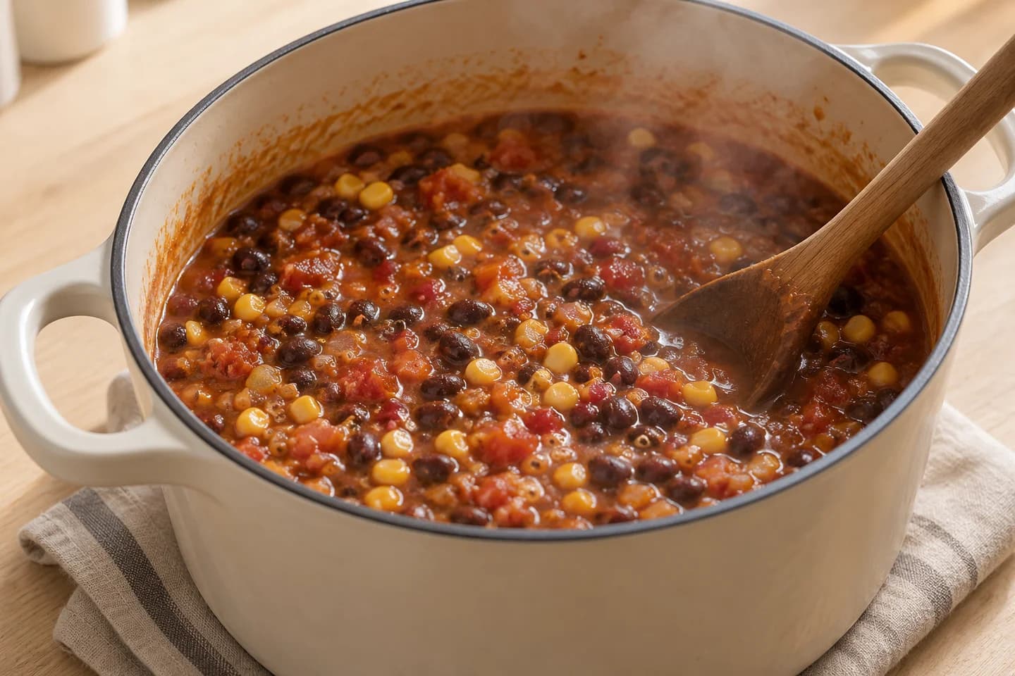 Smoky Chipotle Black Bean Stew: Stir in black beans, vegetable broth, tomatoes, and corn; bring to a boil, then reduce heat and simmer 20 minutes, stirring occasionally