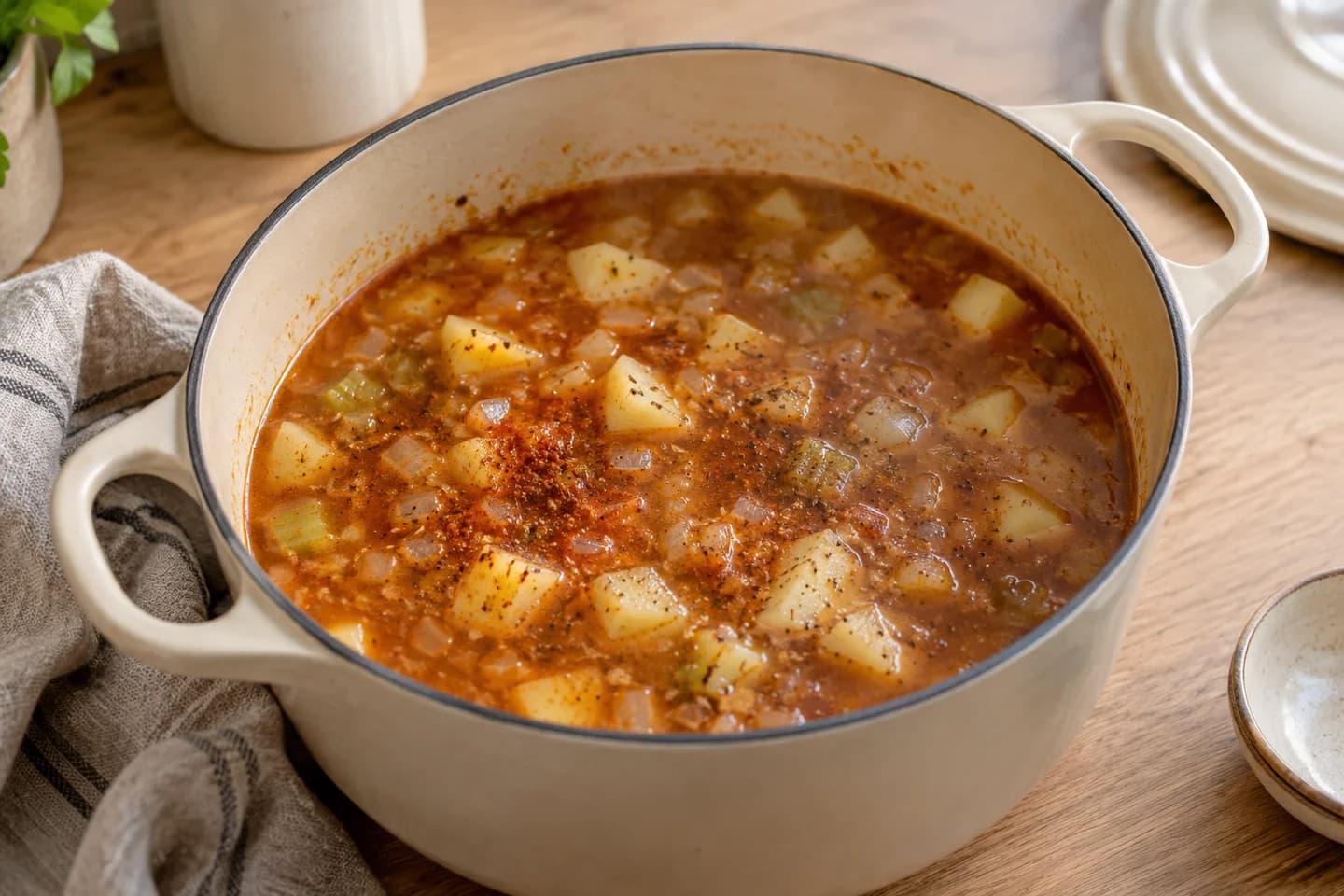 Smoky Corn Chowder: Stir in paprika, potatoes, stock, salt and pepper