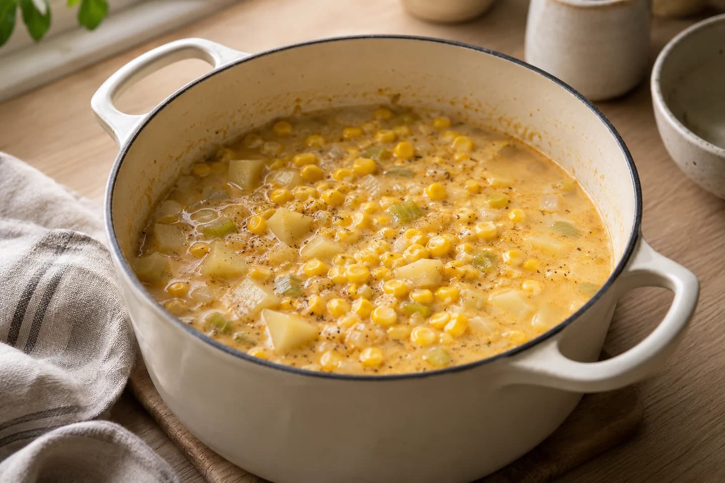 Smoky Corn Chowder: Add sweetcorn and oat milk and simmer gently for 5–6 minutes
