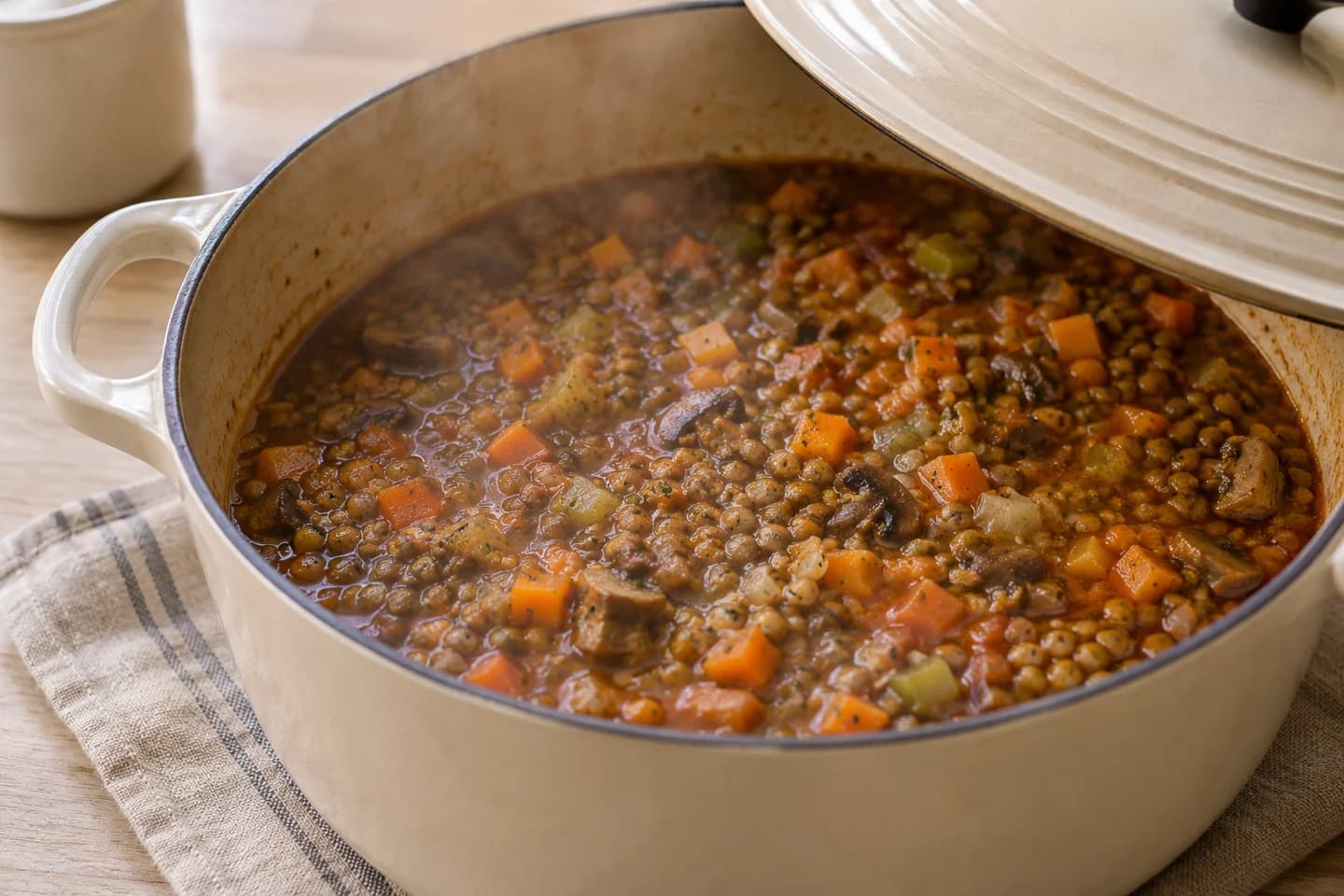Smoky Paprika Lentil Shepherd's Pie: Pour in lentils, vegetable broth, tamari, and balsamic