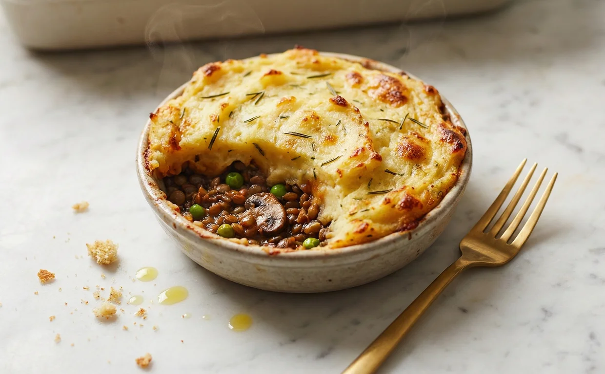 Golden mashed potato topped vegetarian shepherd's pie in a baking dish
