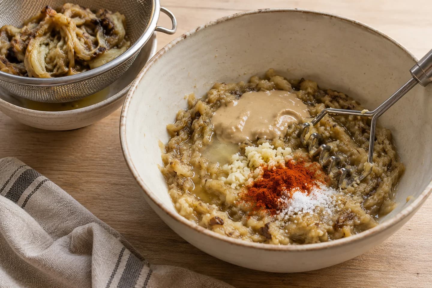 Smoky Roasted Eggplant Dip: Drain flesh in a sieve for 5 minutes