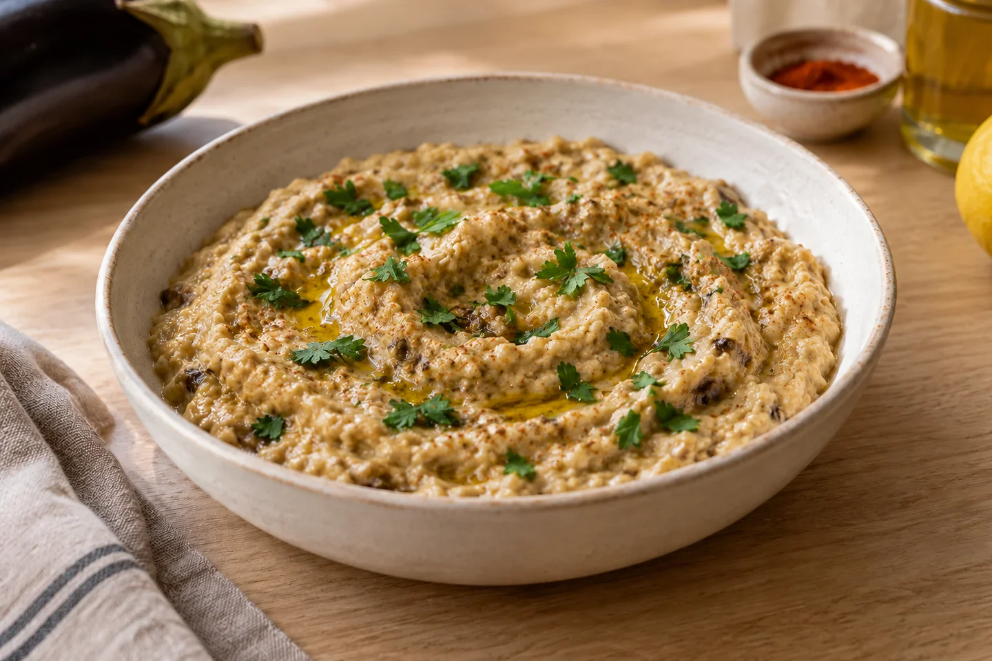 Smoky Roasted Eggplant Dip, ready to serve