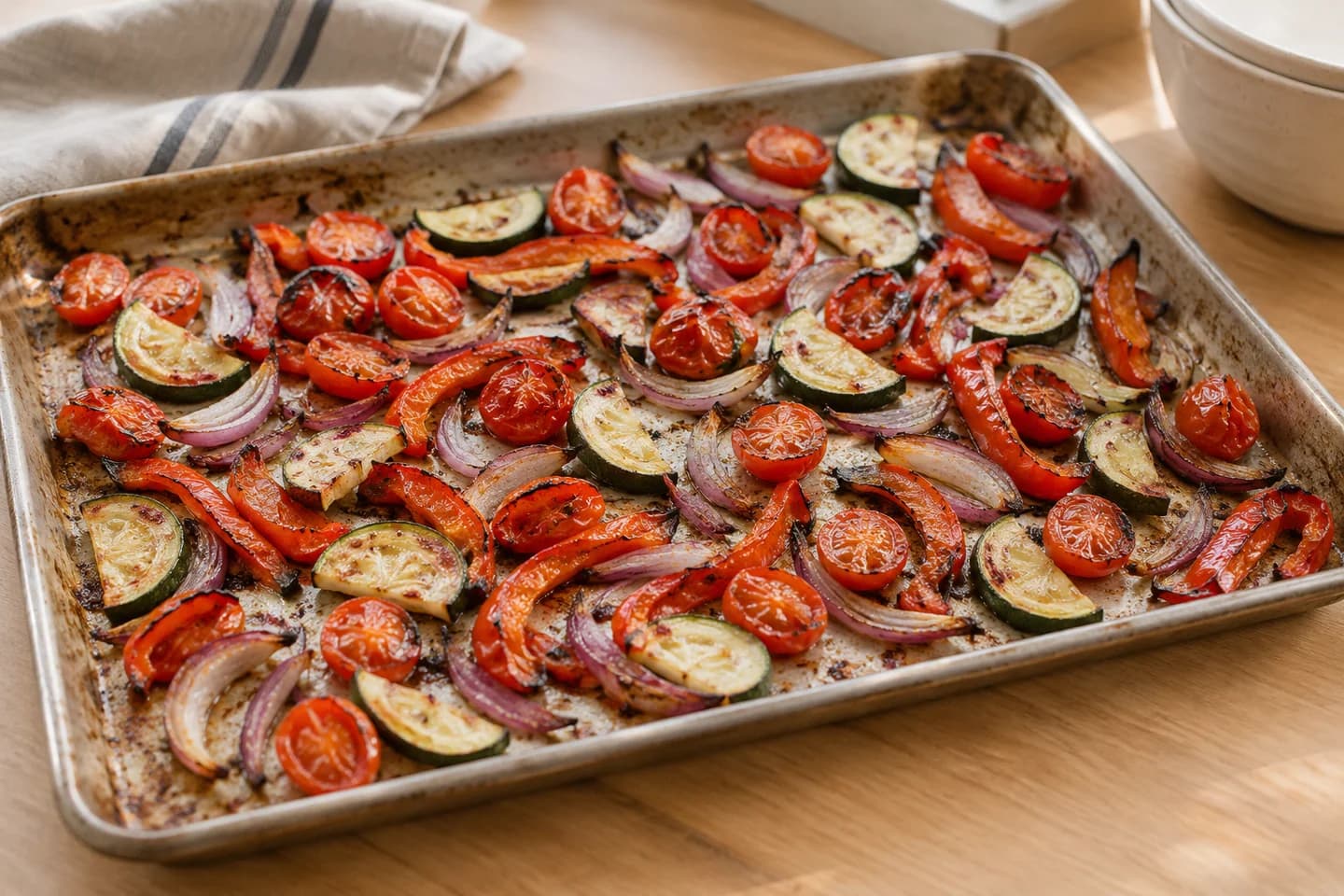 Chickpea Socca Pizza with Charred Veg: Spread the vegetables on a sheet pan and roast until lightly charred, about 10 minutes