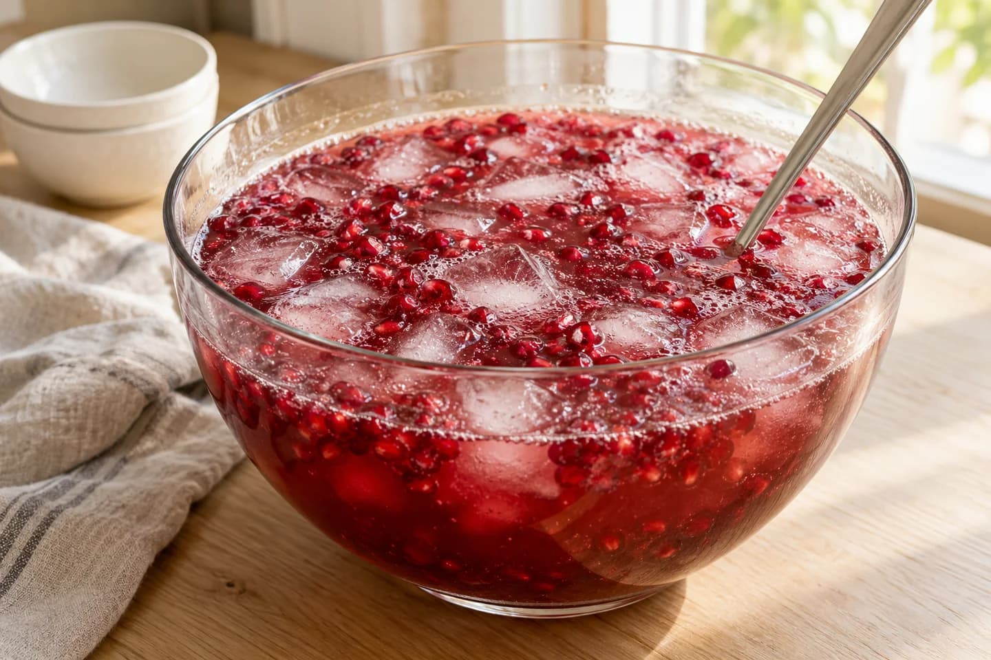 Sparkling Rosemary Pomegranate Punch: Just before serving, stir in ginger beer, sparkling water or prosecco, pomegranate arils, and ice