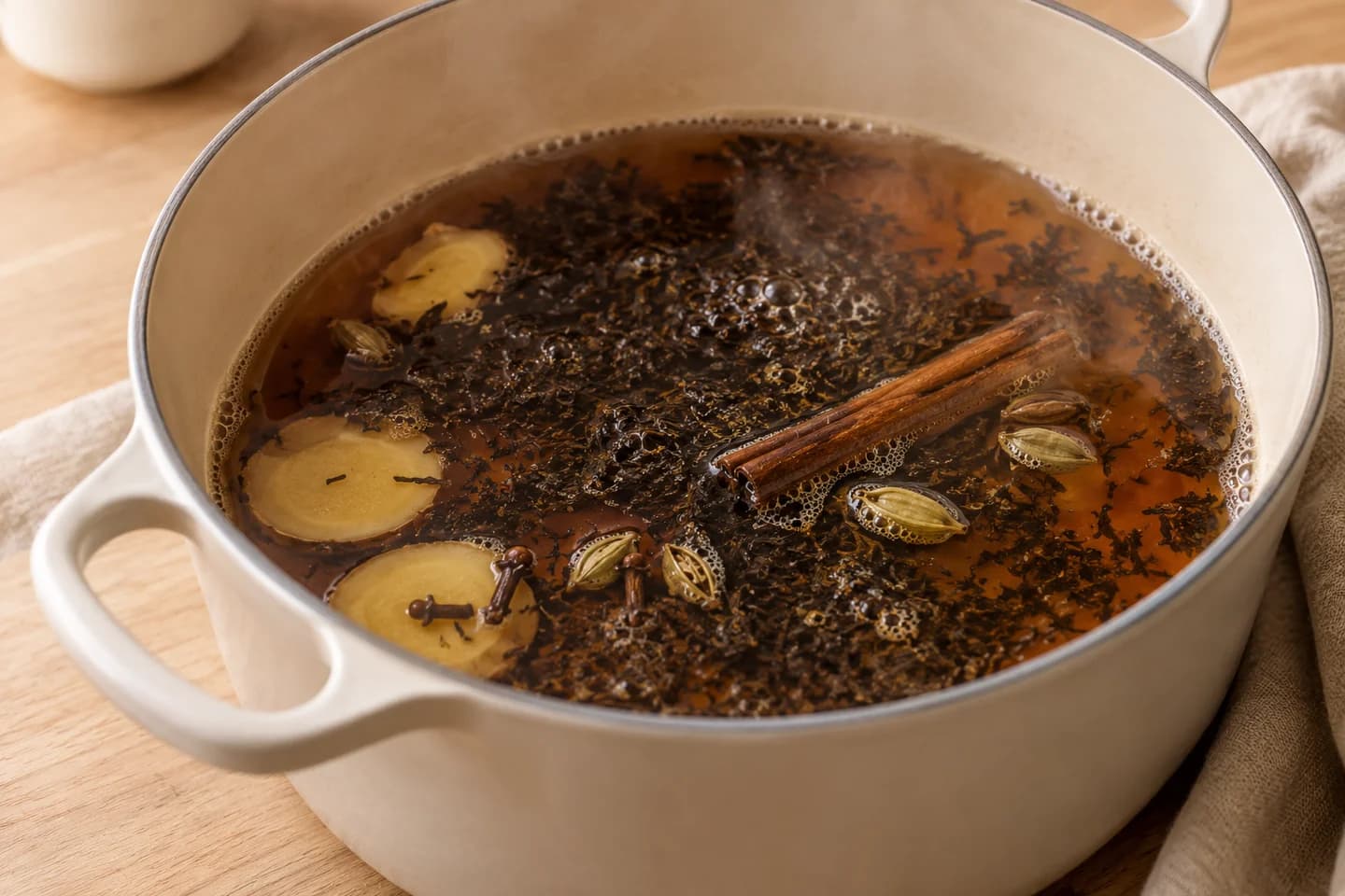 Spiced Oat Milk Chai: Add black tea and steep over low heat for 2 minutes