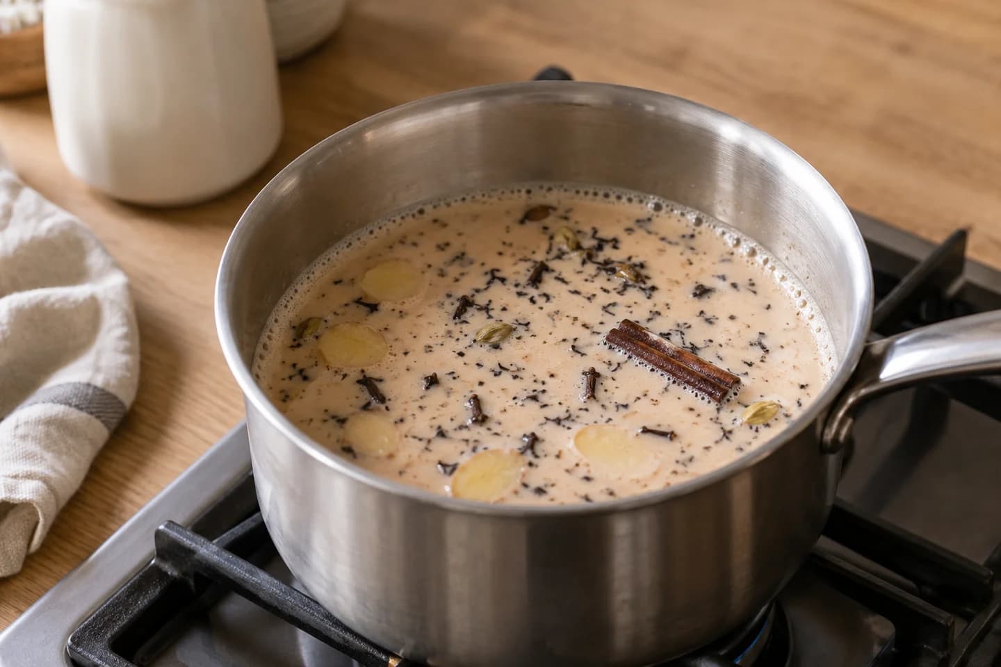 Spiced Oat Milk Chai: Add oat milk and maple syrup and warm gently for 3 minutes without boiling over