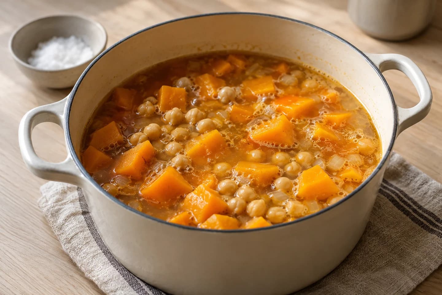 Spiced Pumpkin Chickpea Soup: Add pumpkin, chickpeas, stock and salt