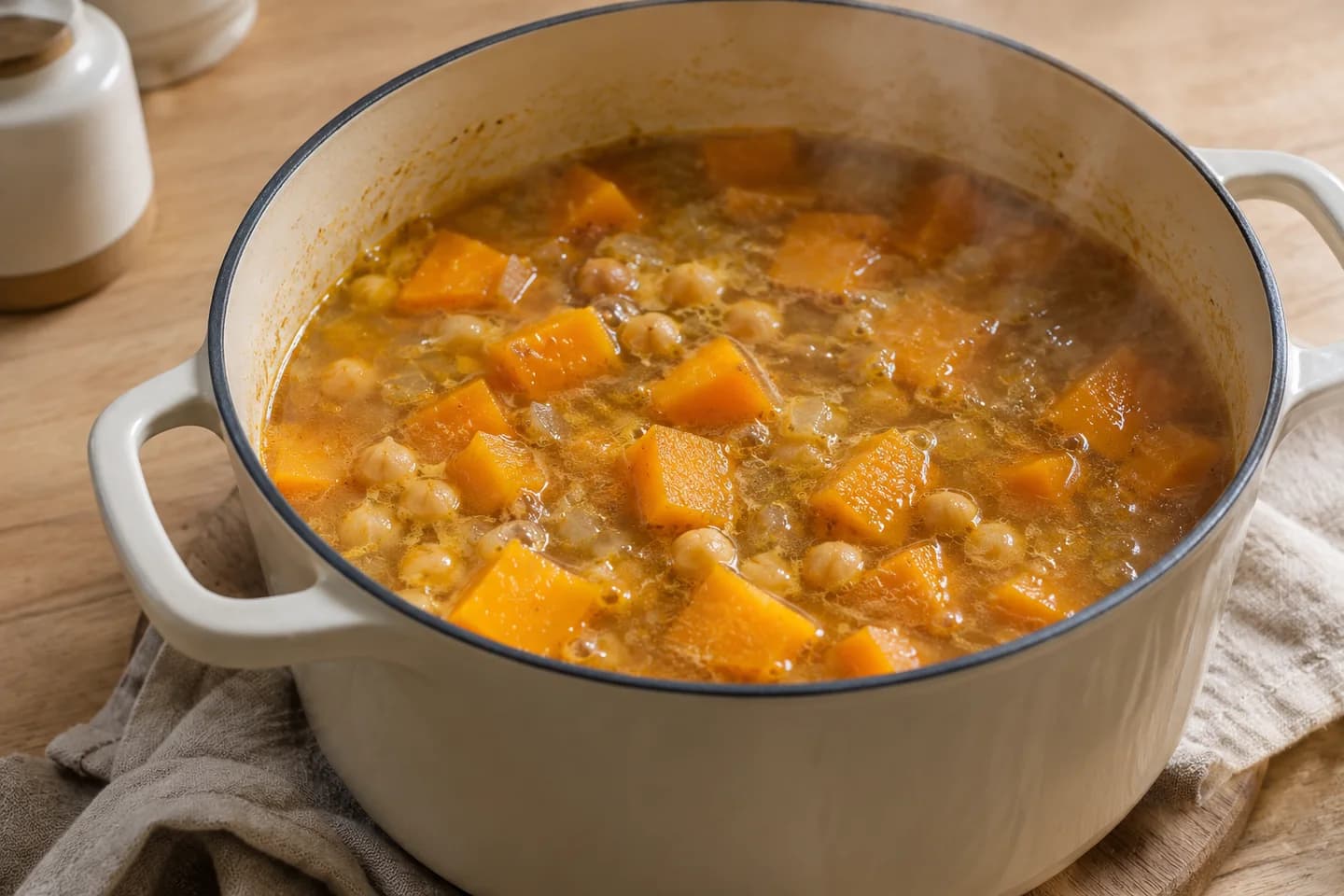 Spiced Pumpkin Chickpea Soup: Simmer for 22–25 minutes until pumpkin is tender