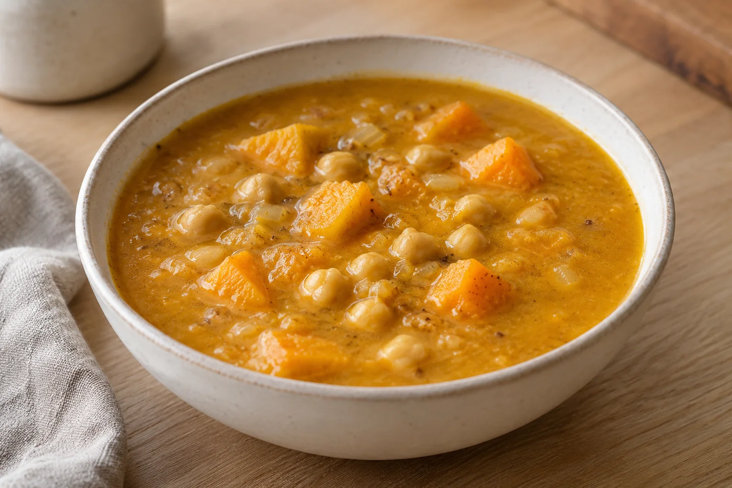 Spiced Pumpkin Chickpea Soup, ready to serve