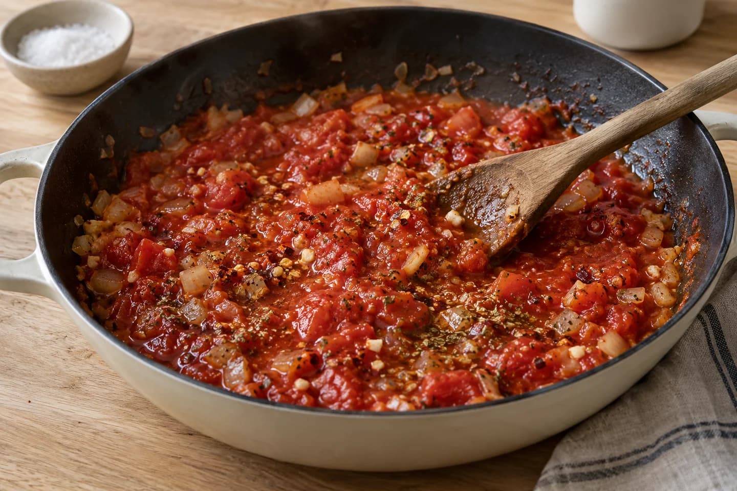 Spicy Tomato Butter Bean Skillet: Stir in garlic, chili and oregano for 1 minute, then add tomatoes and salt