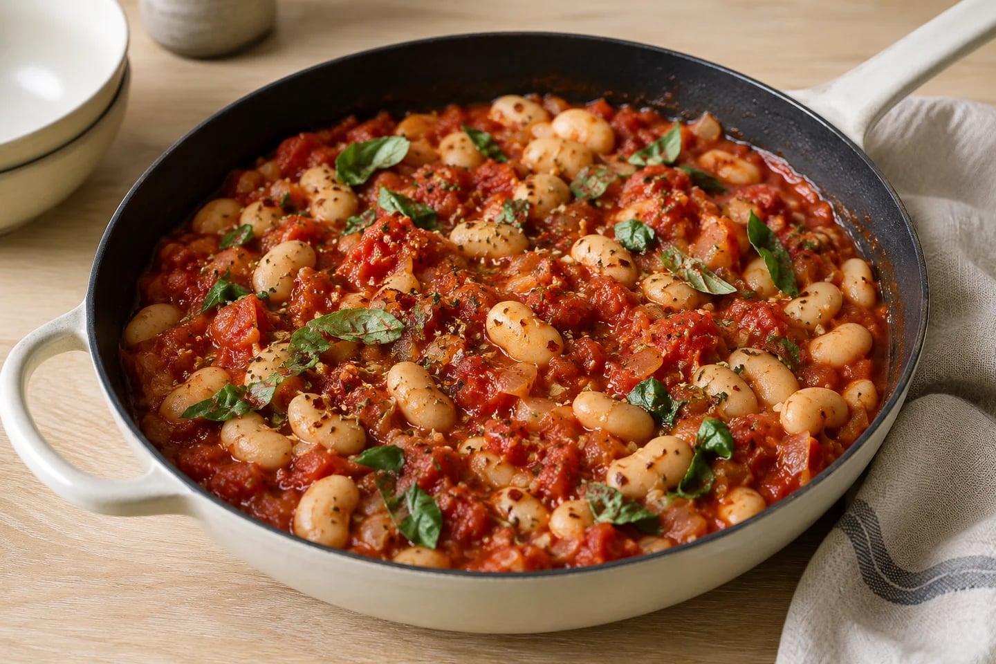 Spicy Tomato Butter Bean Skillet, ready to serve