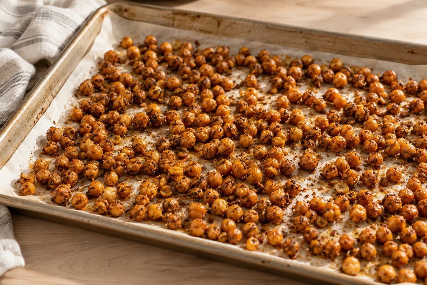 Spicy Za’atar Roasted Chickpea Snack Mix: Spread seasoned chickpeas on a parchment-lined sheet and roast 30 to 35 minutes, shaking every 10 minutes until deeply crisp