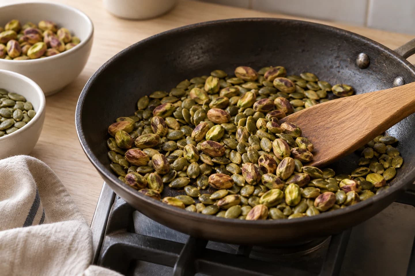 Spicy Za’atar Roasted Chickpea Snack Mix: Toast pistachios and pepitas in a skillet over medium heat for 3 minutes until fragrant; cool slightly