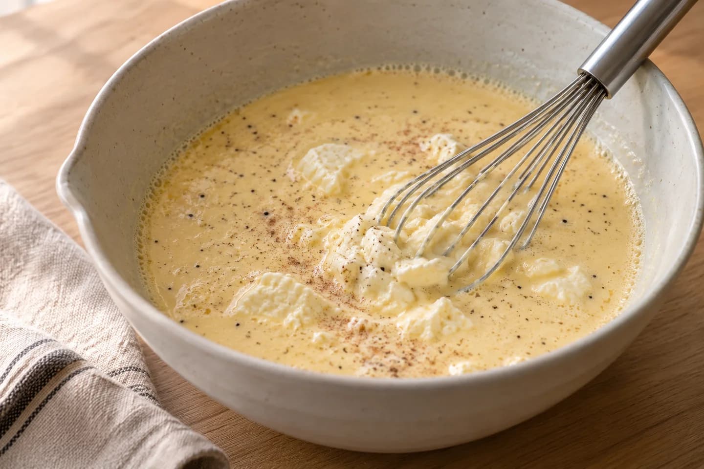 Spinach Artichoke Holiday Strata: Whisk eggs, milk, half-and-half, Dijon, salt, pepper, and nutmeg
