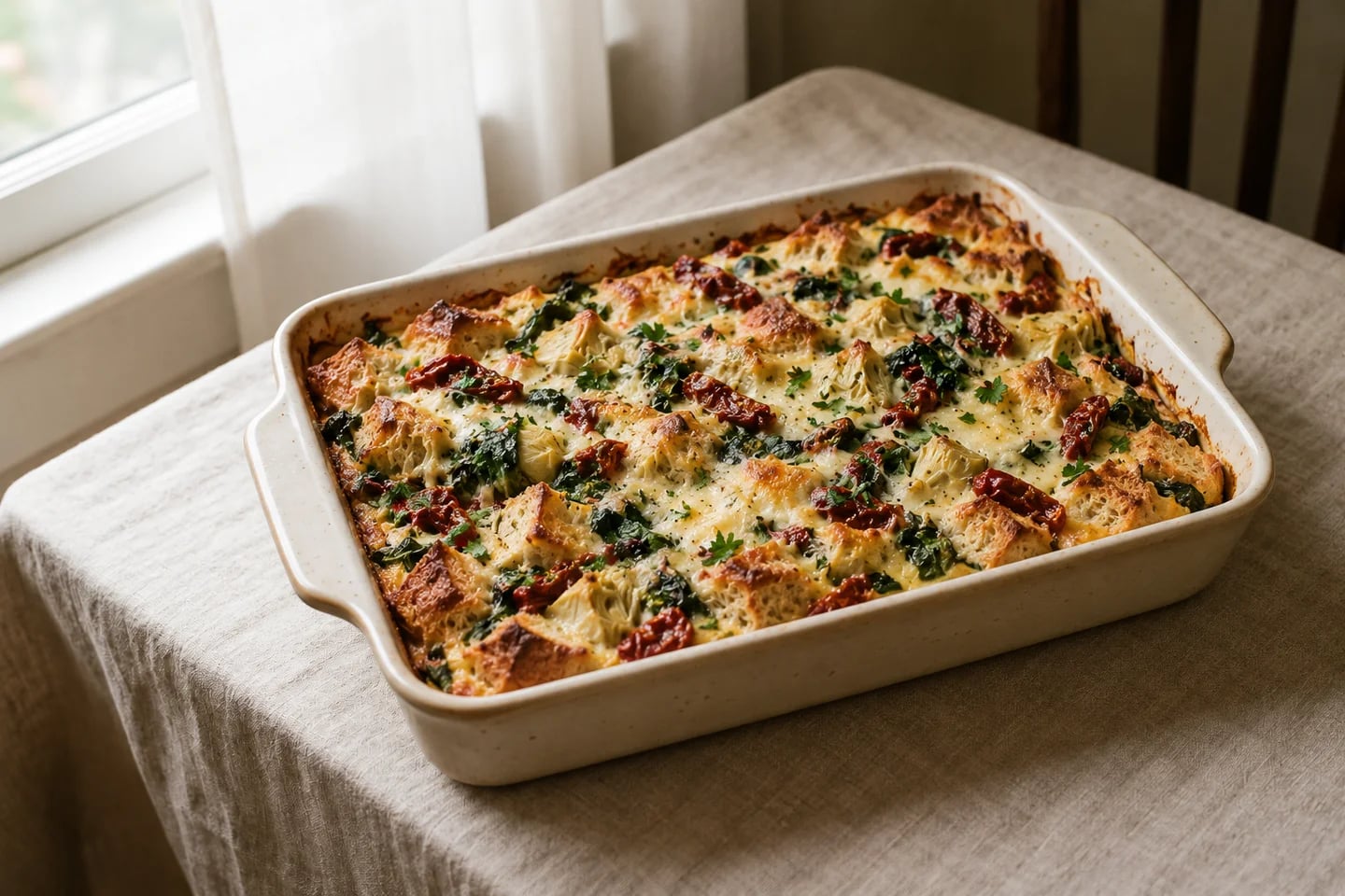 Baking dish of spinach artichoke strata