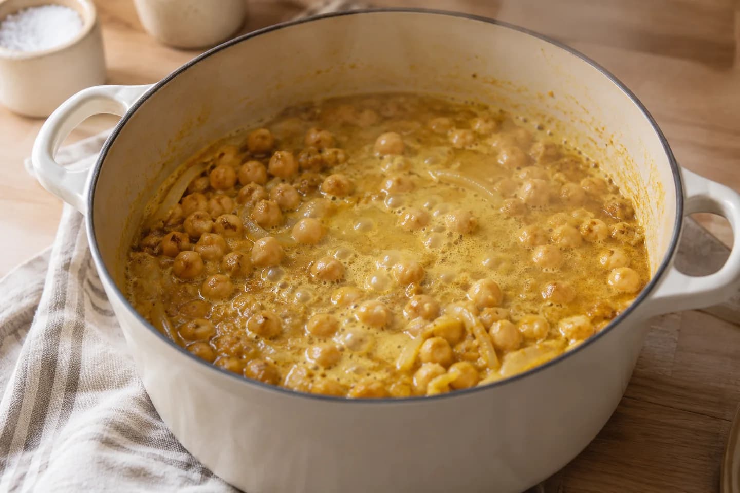 Spinach Chickpea Coconut Stew: Add chickpeas, coconut milk, salt and 150 ml water