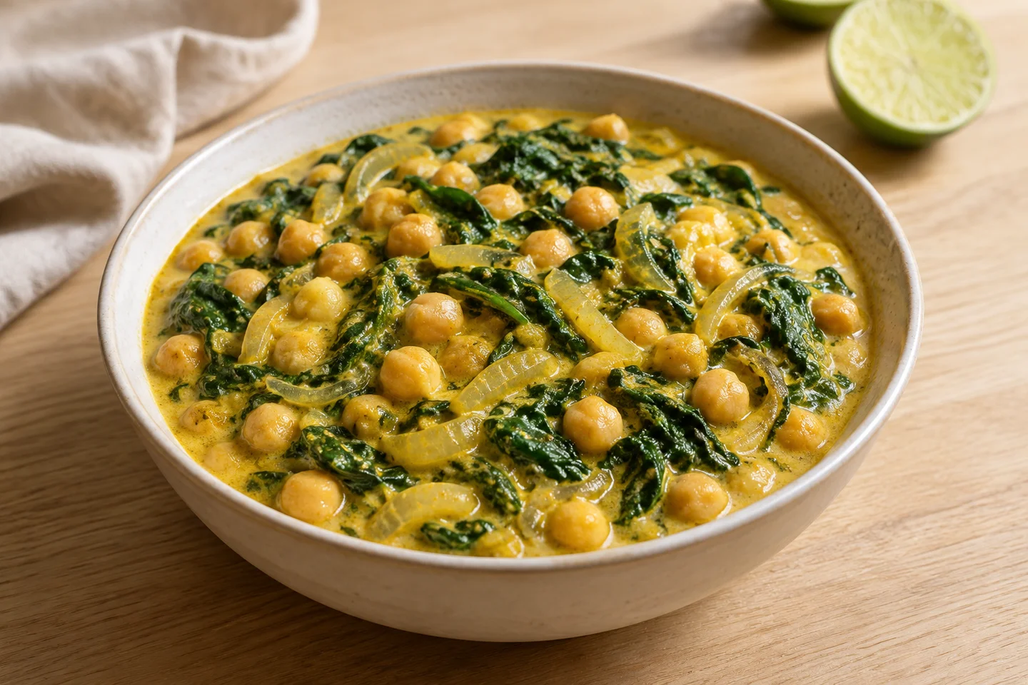Spinach Chickpea Coconut Stew, ready to serve