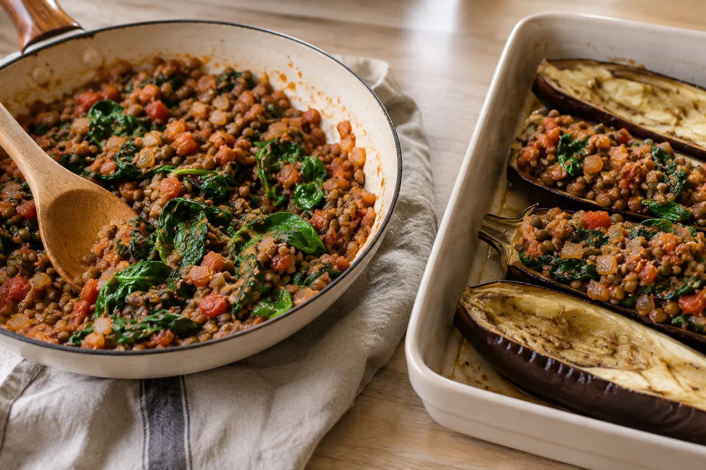 Spinach Lentil Stuffed Eggplant: Fold spinach into the filling