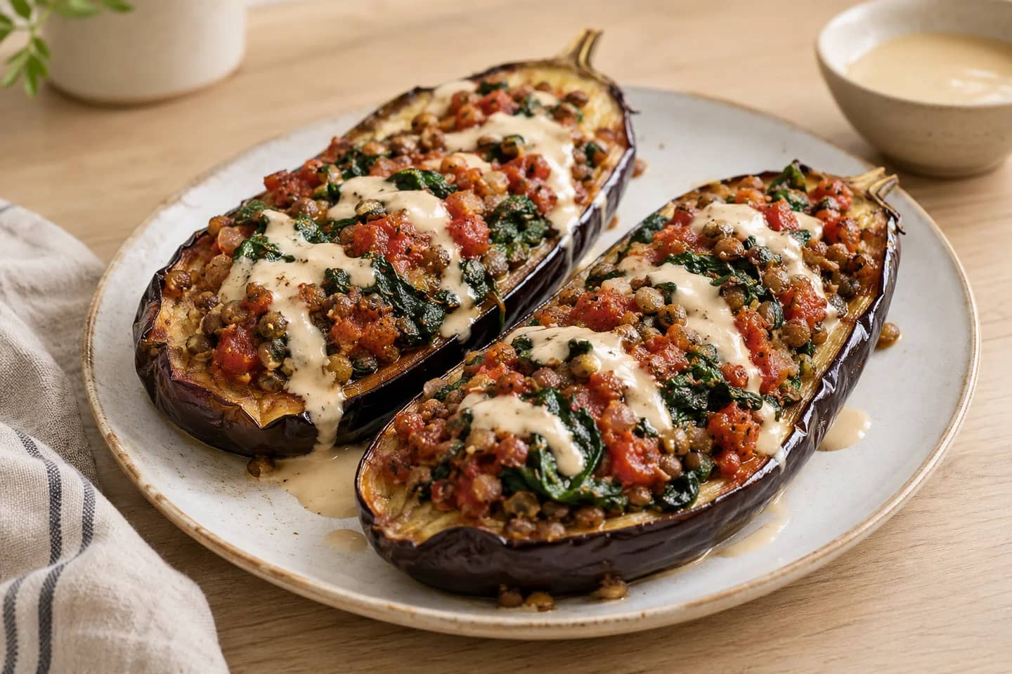 Spinach Lentil Stuffed Eggplant