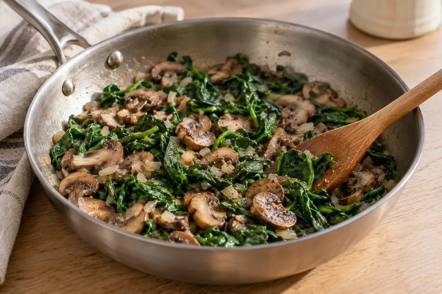 Spinach Mushroom Quiche: Stir in spinach until wilted; season with half the salt and pepper and let cool