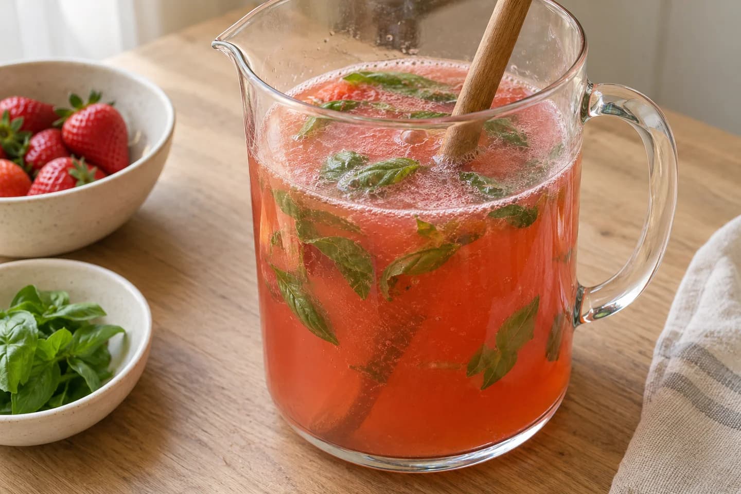 Strawberry Basil Lemonade: Stir in remaining water and lightly bruised basil leaves