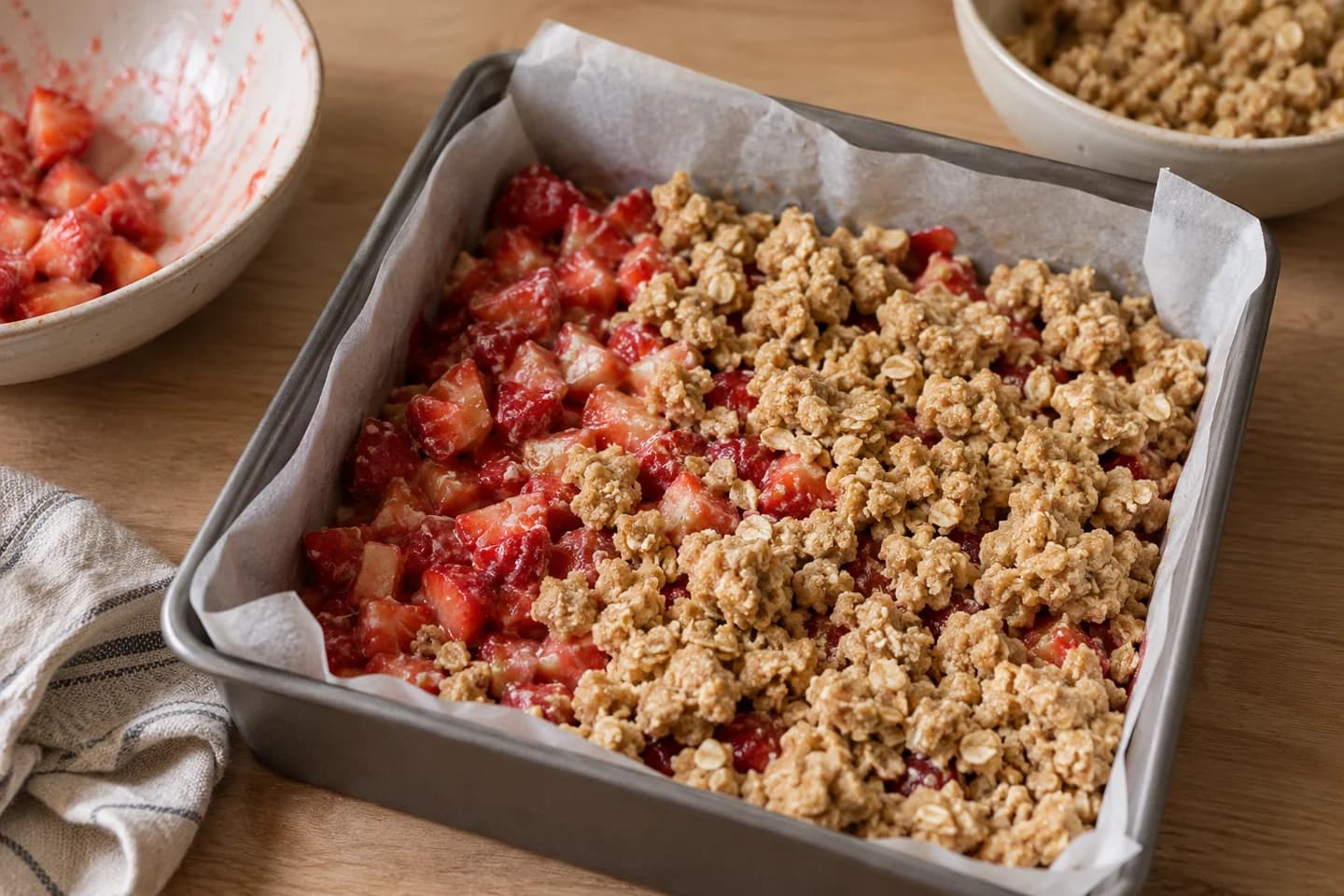 Strawberry Oat Crumble Bars: Toss strawberries with cornstarch and lemon juice and spread over the base