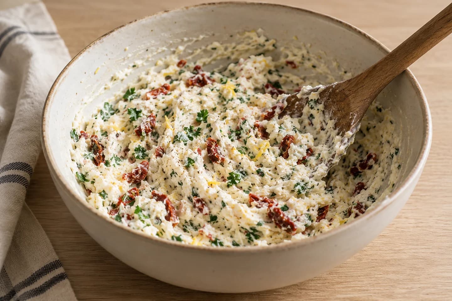 Stuffed Portobello Mushrooms: Mix ricotta, vegetarian goat cheese, vegetarian Italian-style hard cheese, sun-dried tomatoes, parsley, lemon zest, garlic, and remaining salt and pepper until smooth