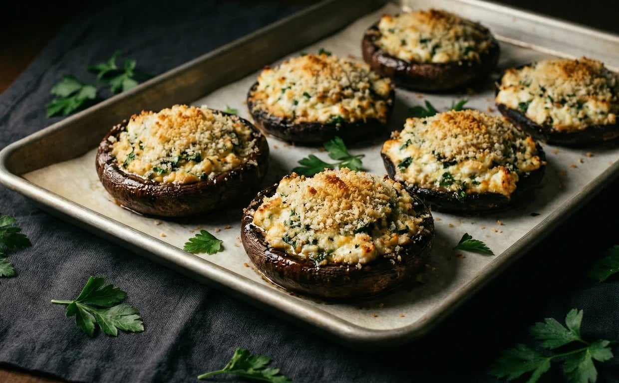 Stuffed portobello mushrooms on baking tray