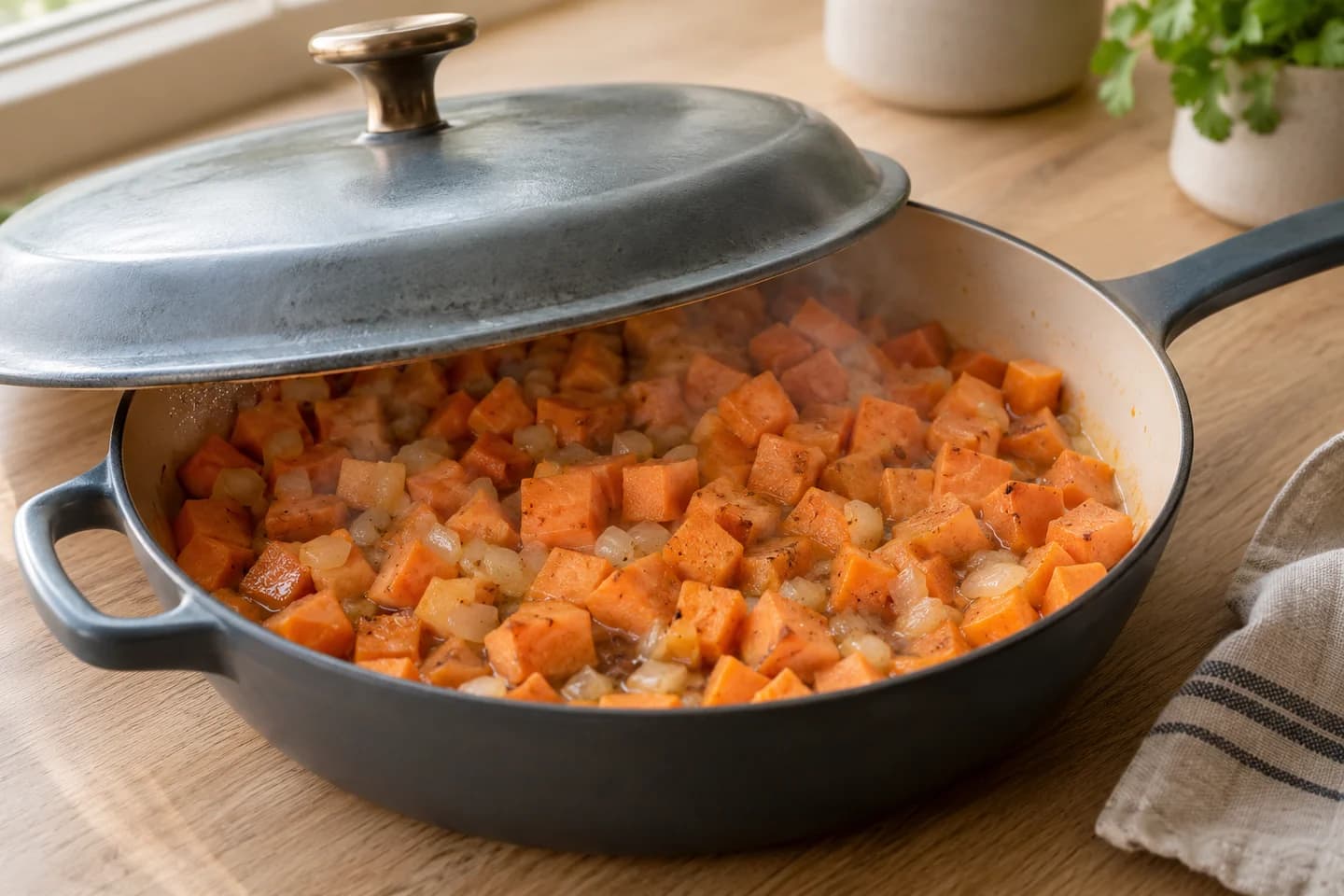 Sweet Potato Black Bean Breakfast Hash: Add 60 ml water, cover and cook for 10 minutes, stirring twice, until the sweet potato is nearly tender