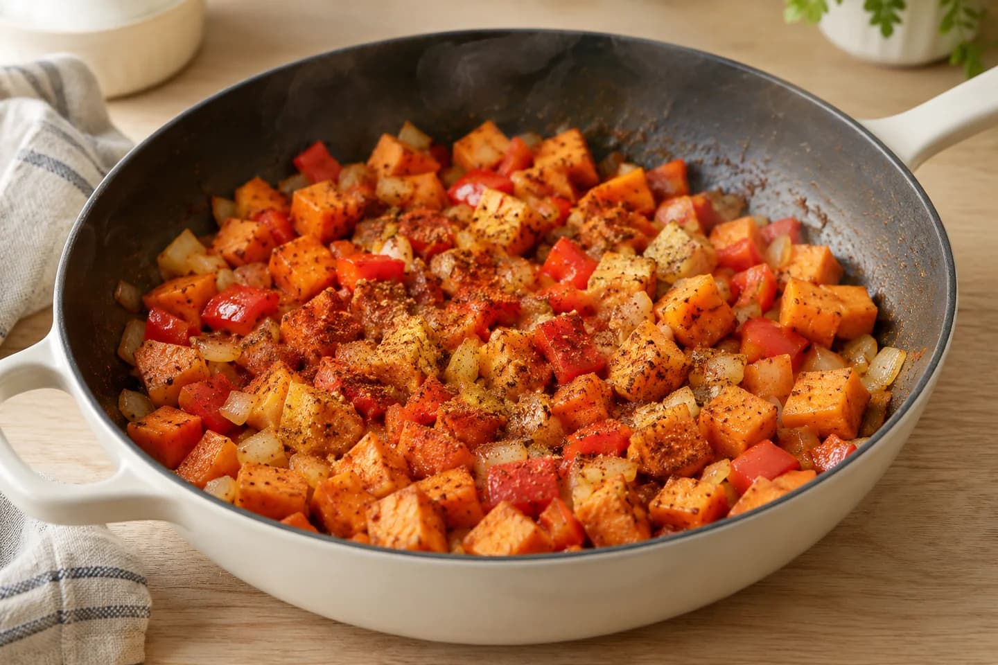 Sweet Potato Black Bean Breakfast Hash: Uncover, add pepper, cumin, paprika and salt, and cook for 5 minutes so the excess water evaporates