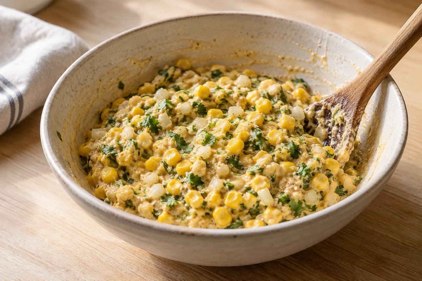Sweetcorn Chickpea Fritters: Fold in corn, onion and cilantro