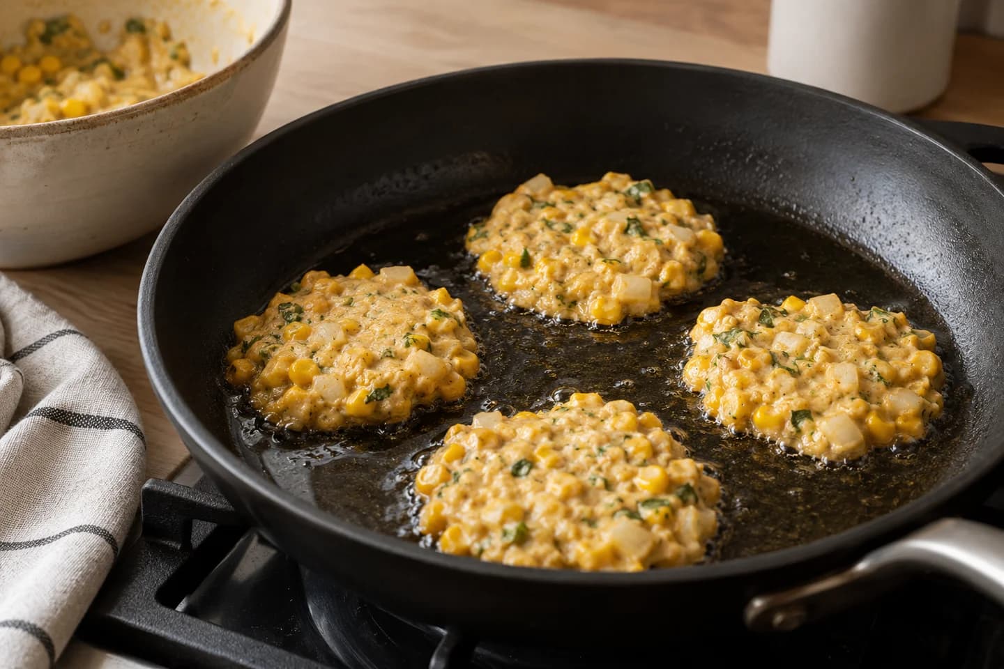 Sweetcorn Chickpea Fritters: Heat some oil in a skillet over medium heat