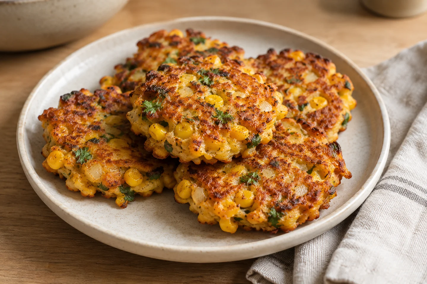 Sweetcorn Chickpea Fritters, ready to serve