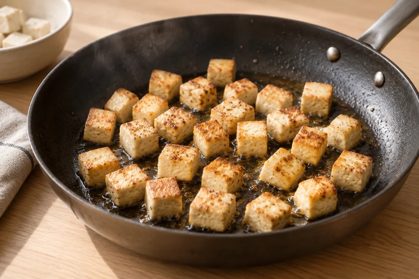 Tamarind Chili Tofu Lettuce Cups: Heat avocado oil in a 12-inch skillet over medium-high and sear the tofu on all sides until golden, 6 to 7 minutes total
