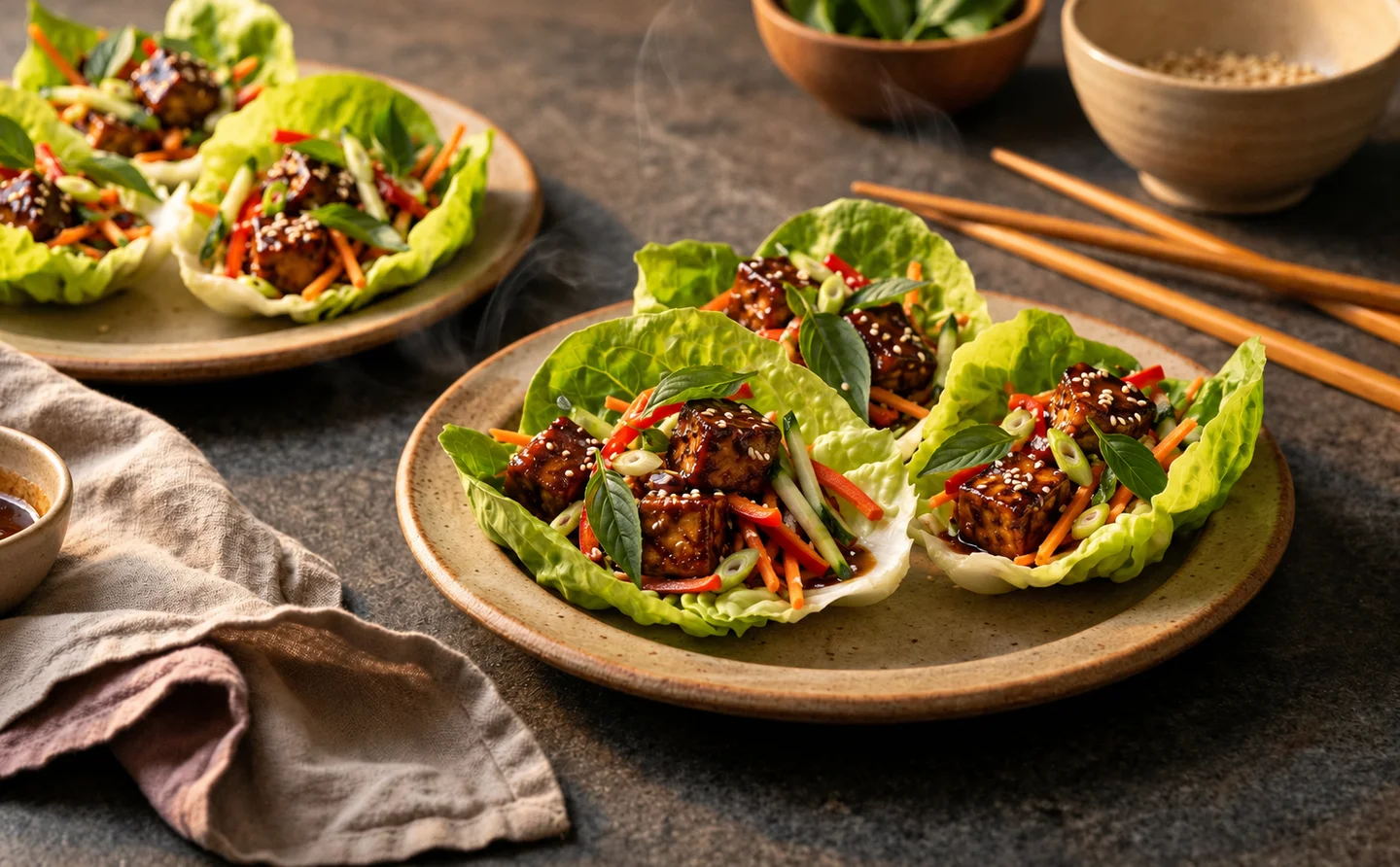 Lettuce cups filled with tamarind tofu and vegetables