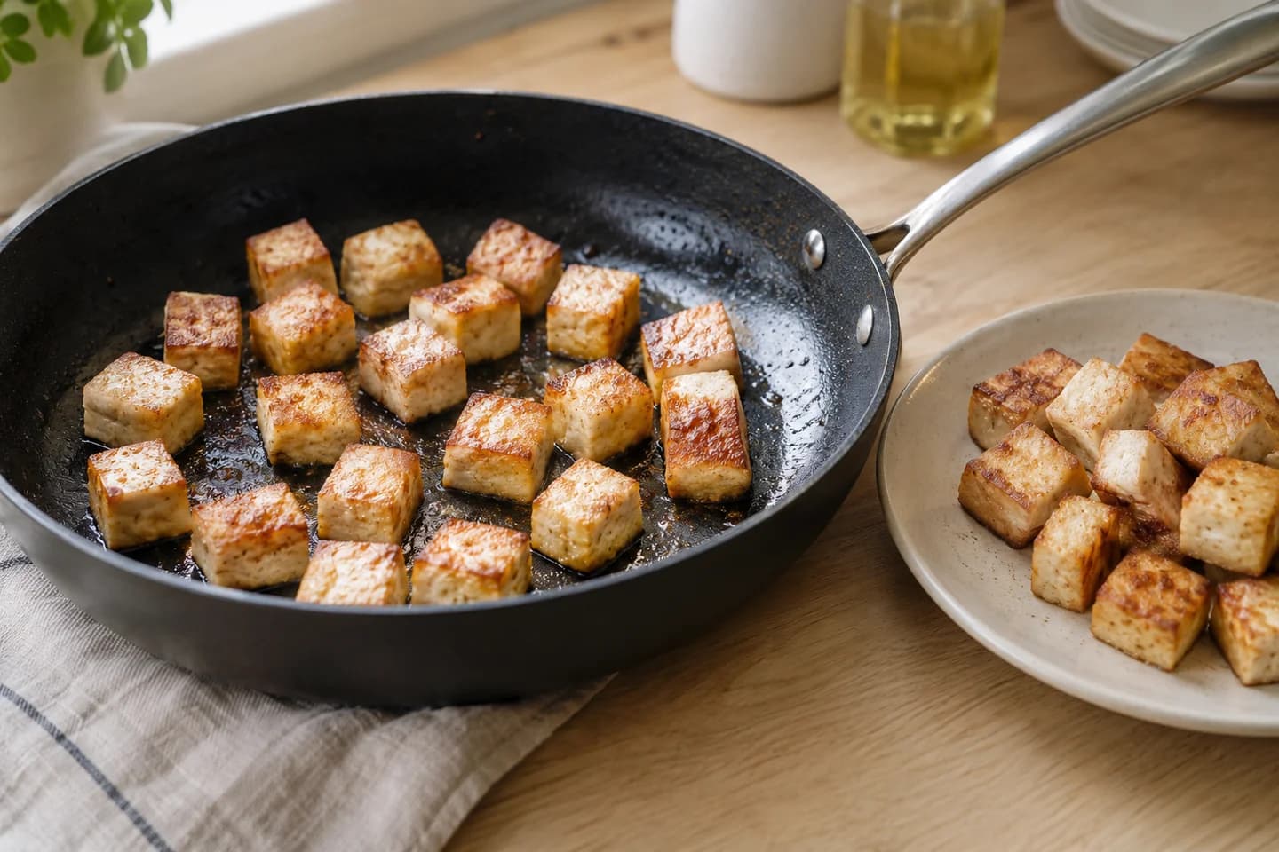 Teriyaki Tofu Broccoli Bowls: Pat tofu dry and fry in half the oil in a skillet for 10 minutes