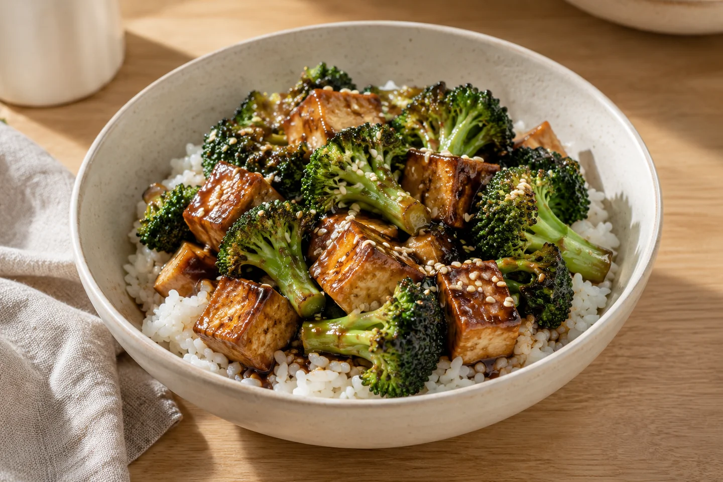 Teriyaki Tofu Broccoli Bowls, ready to serve