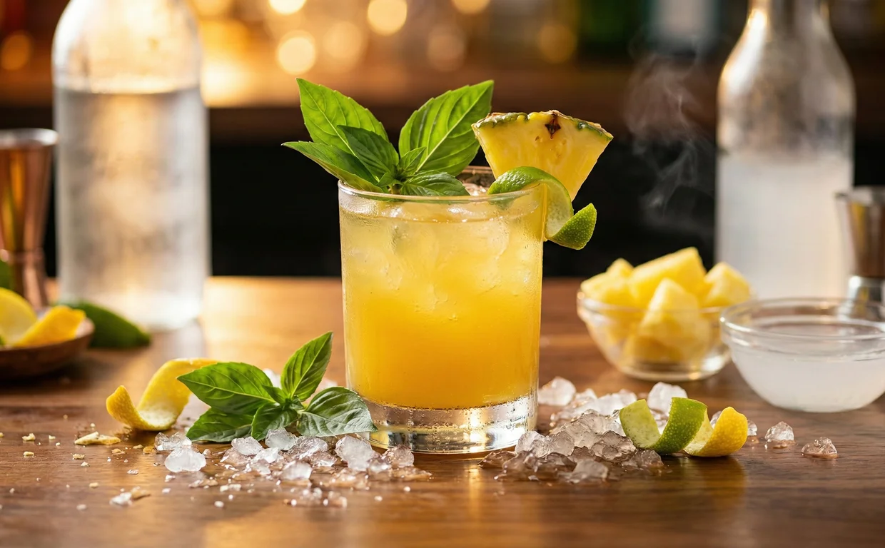 Glass of pineapple agua fresca with ice, basil and a pineapple spear