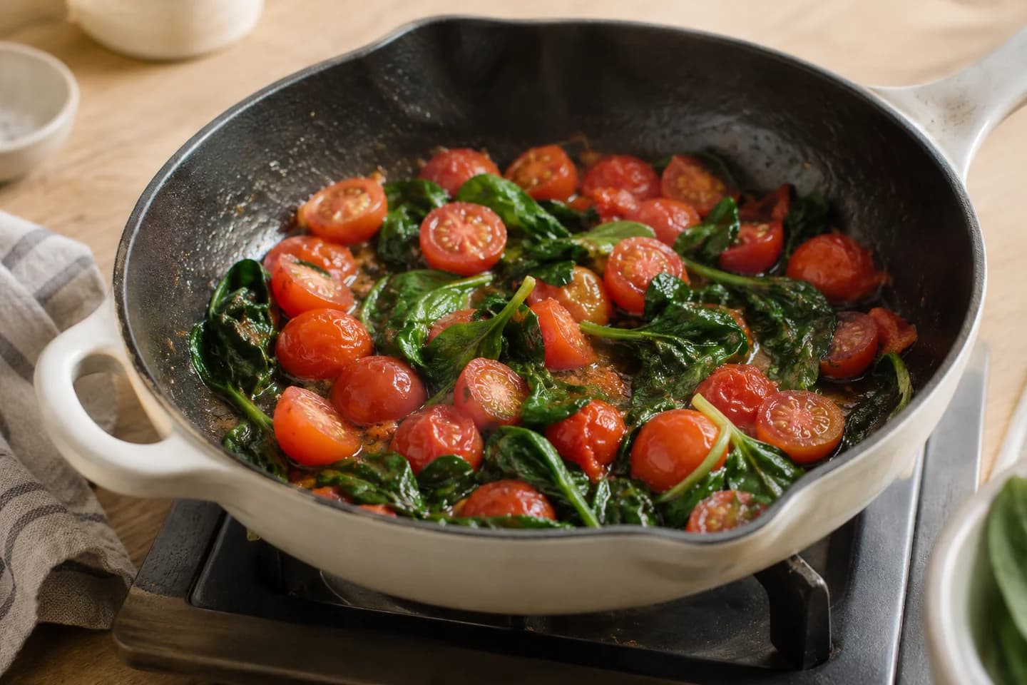 Tomato Basil Breakfast Frittata: Heat olive oil in a 23 cm ovenproof skillet over medium heat