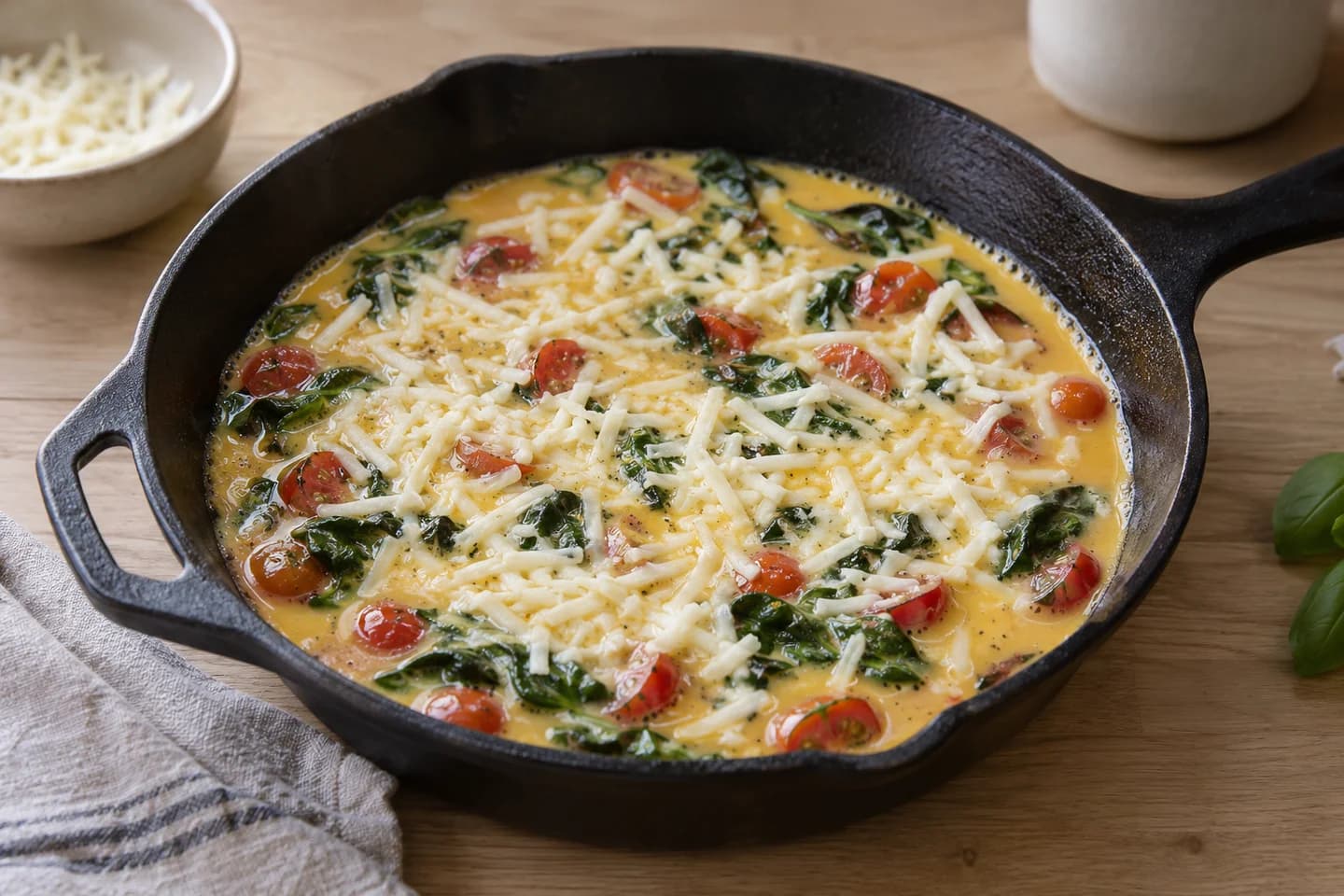 Tomato Basil Breakfast Frittata: Pour in the egg mixture and sprinkle with mozzarella