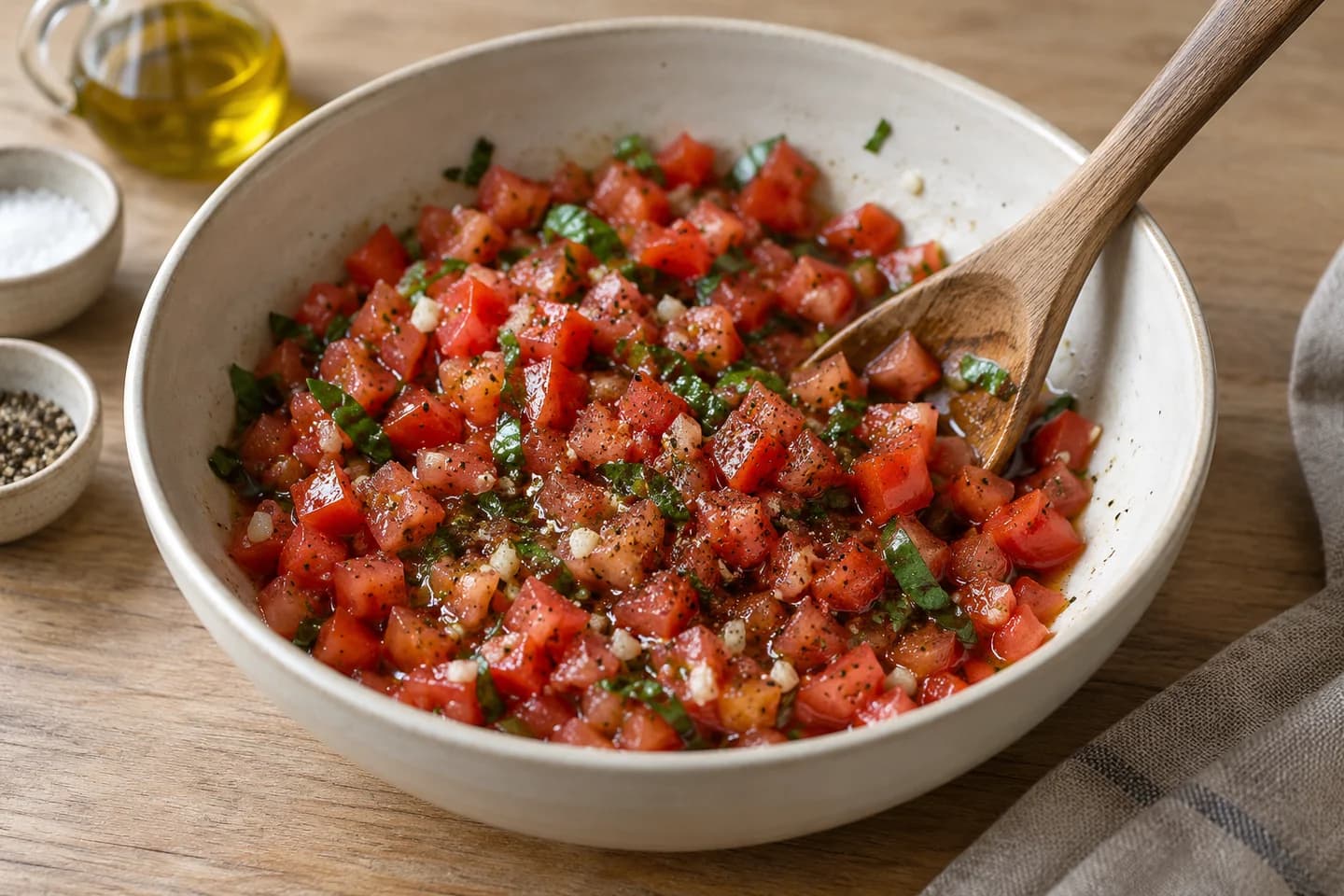 Tomato Basil Bruschetta: Mix tomatoes, minced garlic, basil, remaining oil, vinegar, salt and pepper