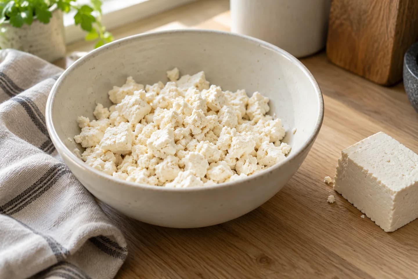 Plain firm tofu crumbled into uneven curds before seasoning